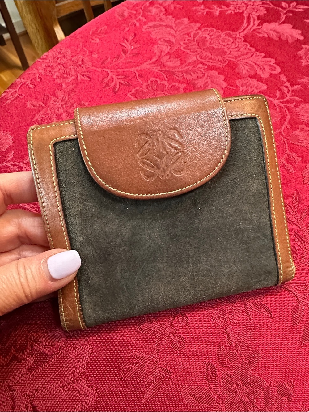 Loewe Tan Leather & Moss Green Suede Vintage Compact Snap Wallet